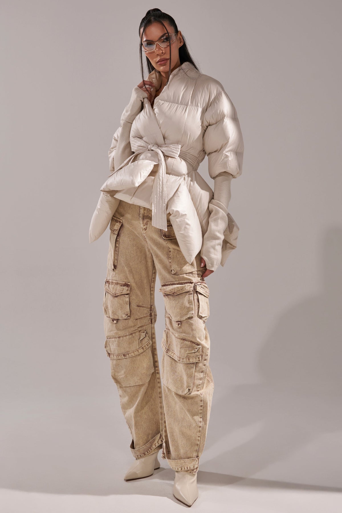 RIB SLEEVE PEPLUM PUFFER IN IVORY