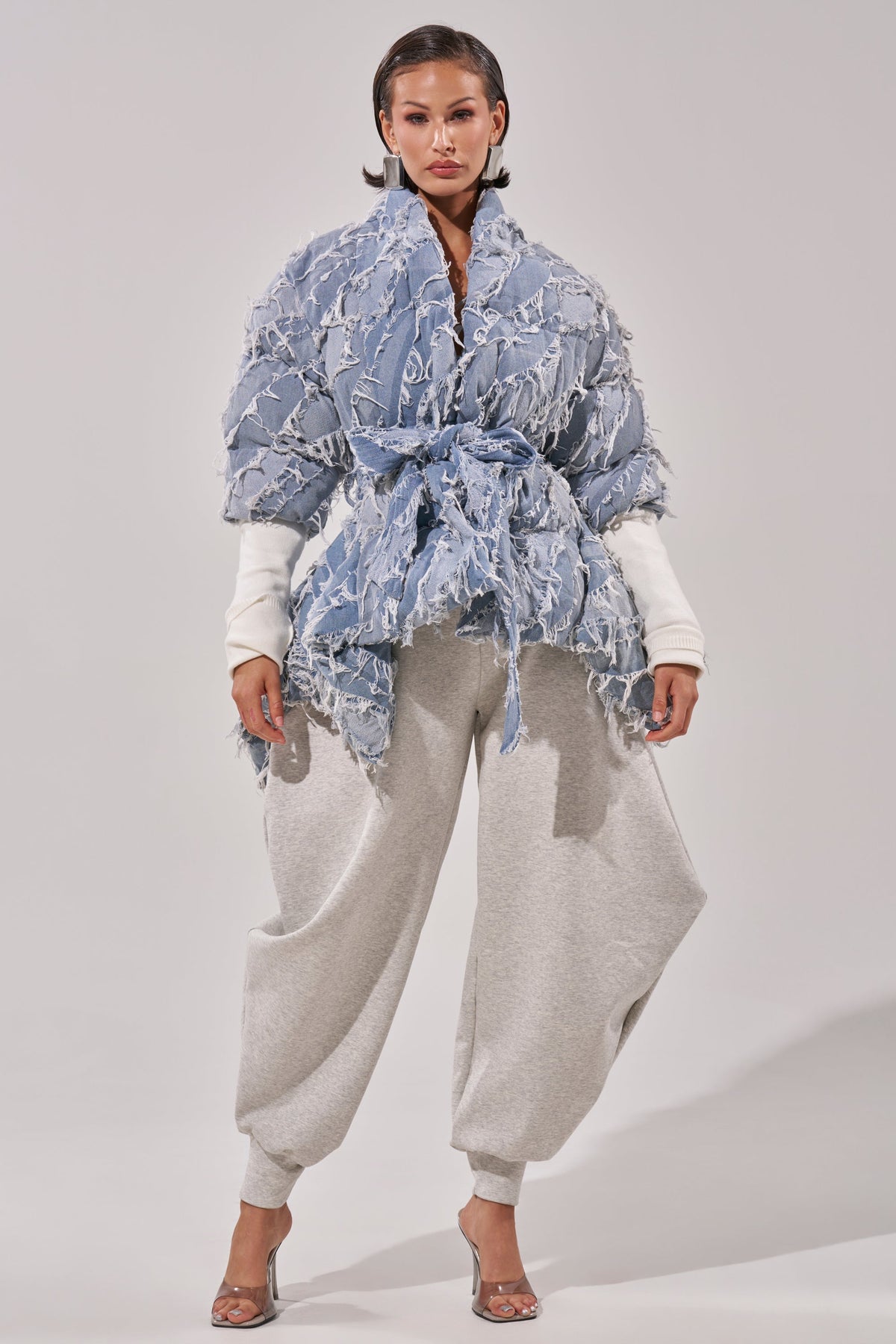 RIB SLEEVE PEPLUM PUFFER IN DENIM
