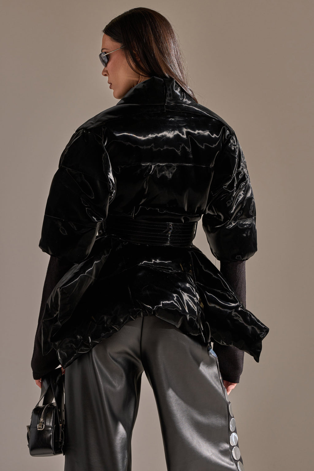 RIB SLEEVE PEPLUM PUFFER IN LIQUID VELVET