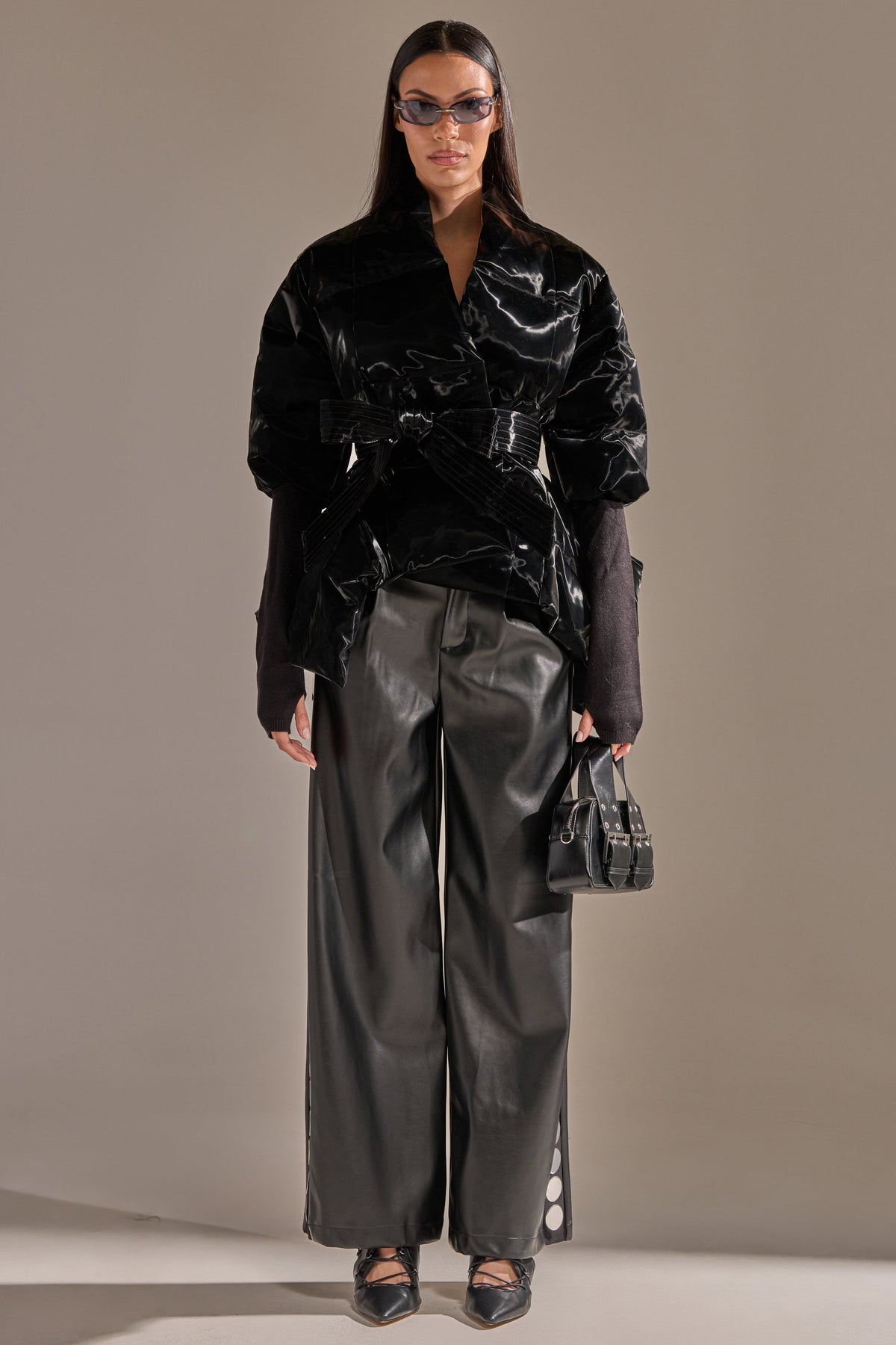 RIB SLEEVE PEPLUM PUFFER IN LIQUID VELVET