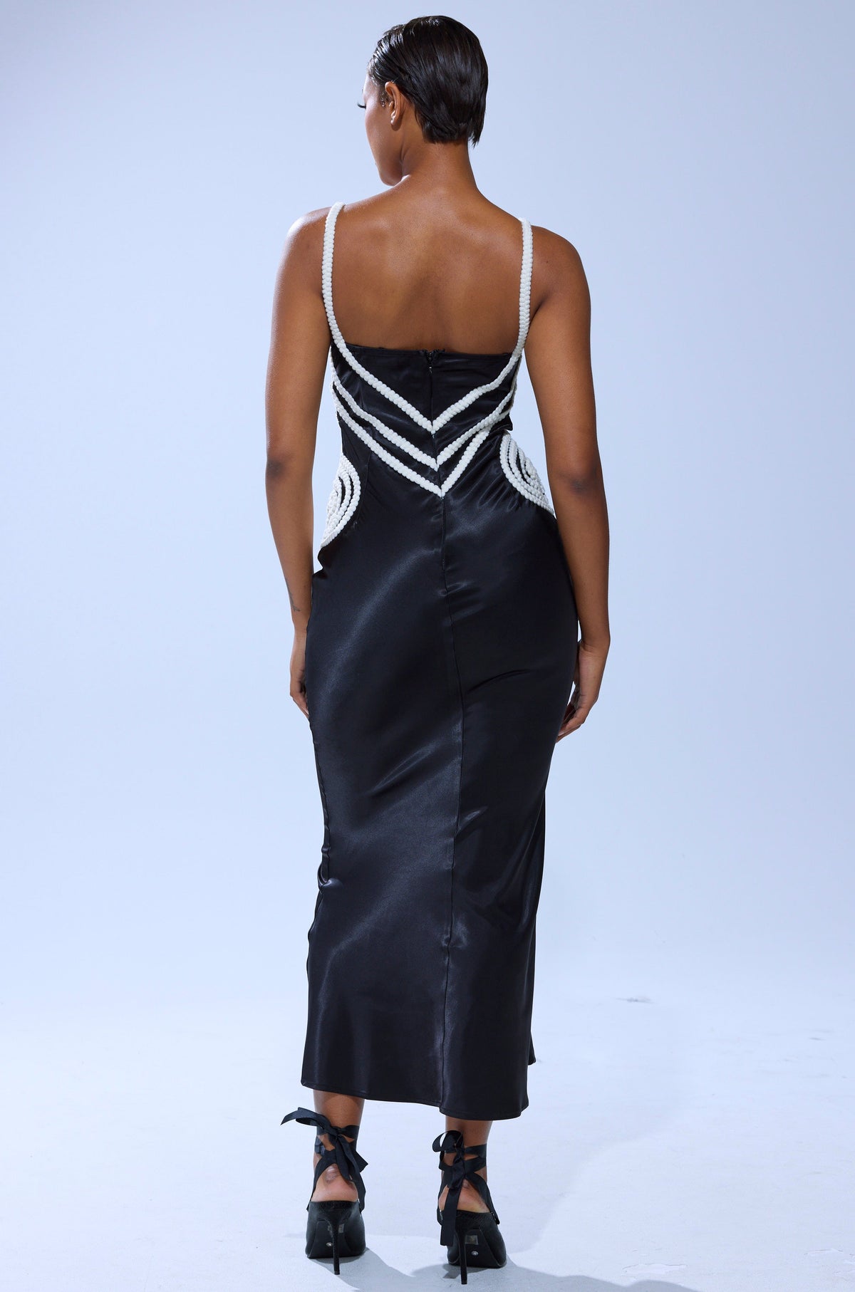 REGAL ROPE DETAIL SATIN MIDI DRESS