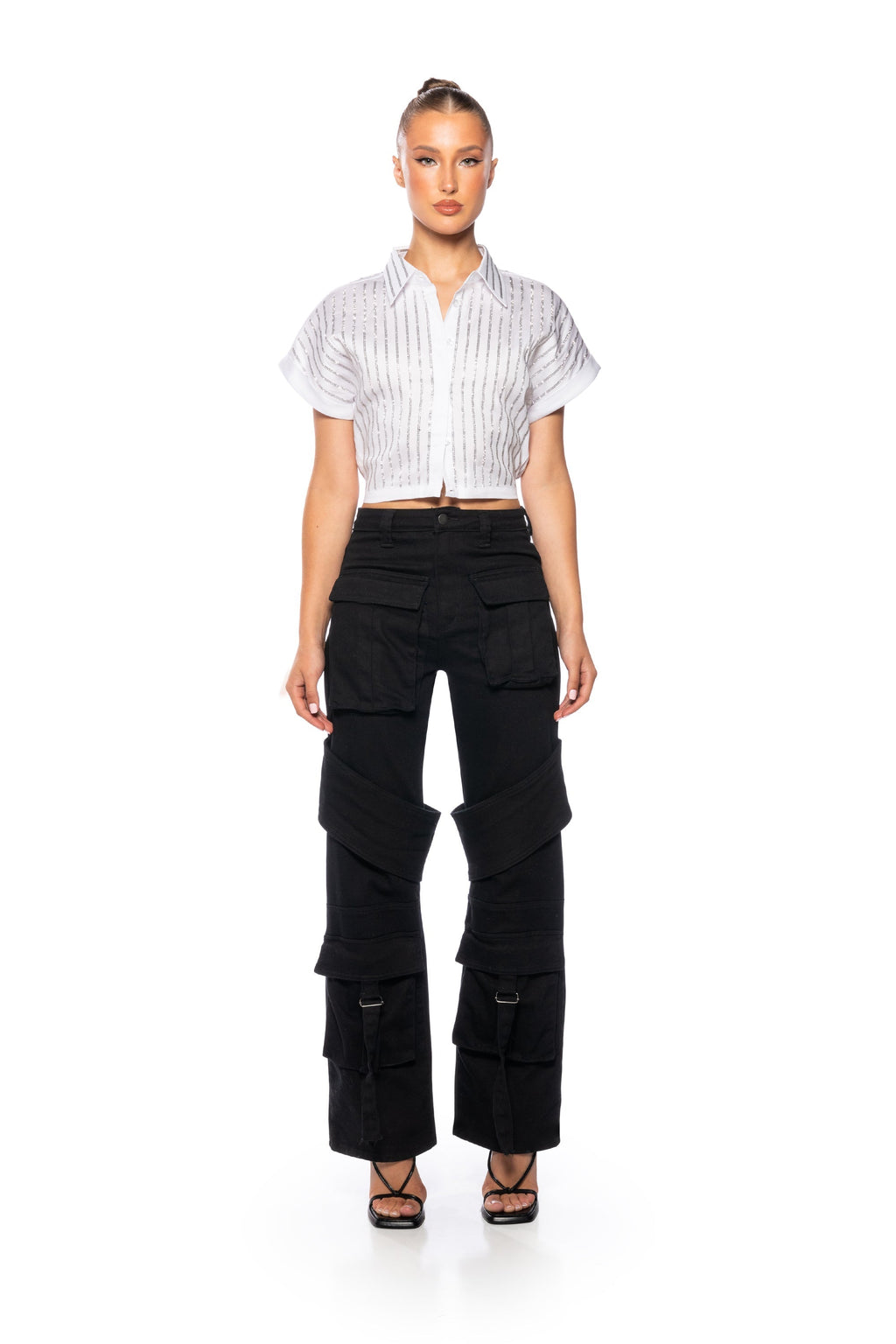 RHINESTONE STRIPE CROPPED BUTTON DOWN