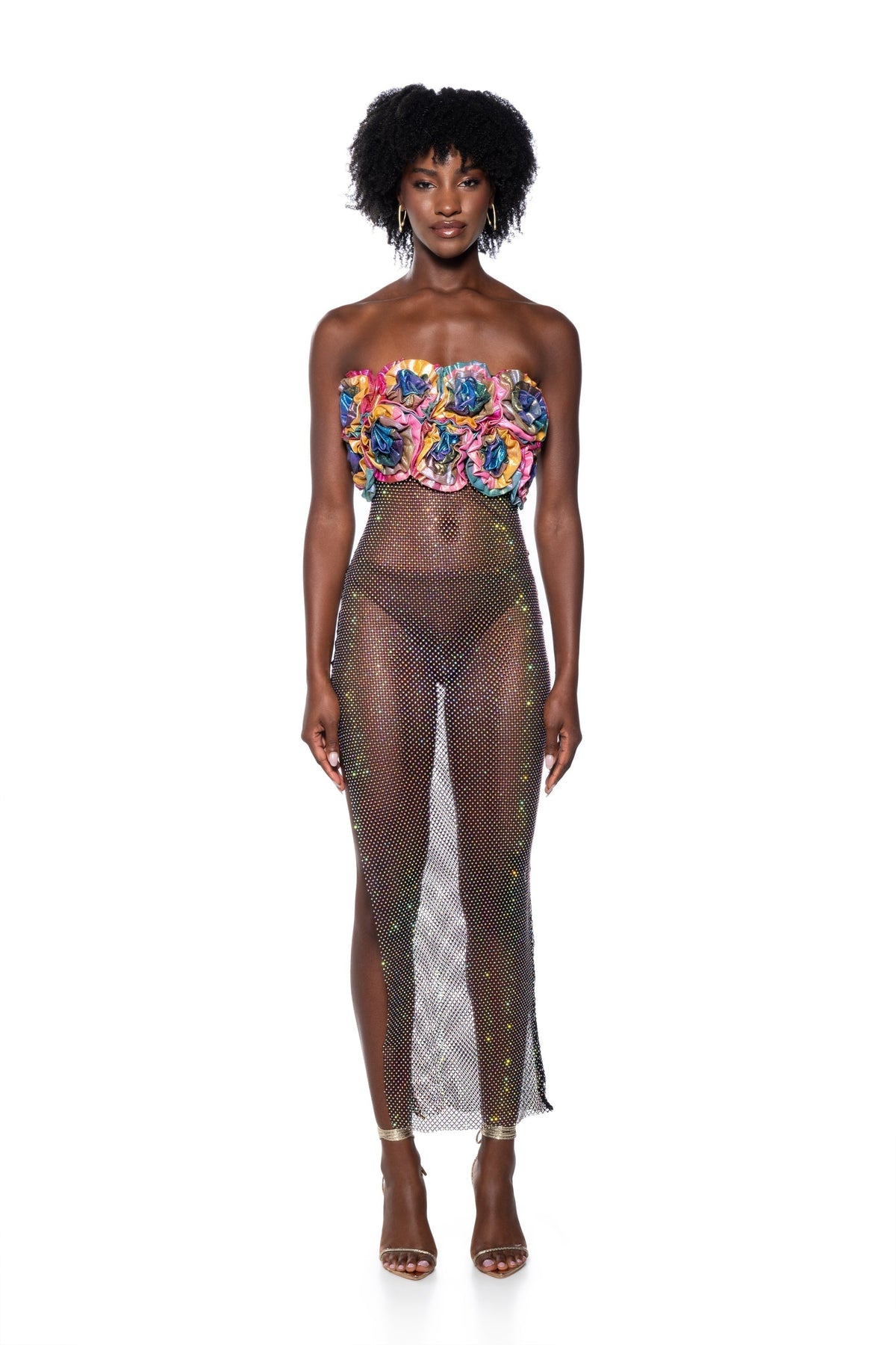 RENNAISANCE FLORAL RHINESTONE MESH MAXI DRESS