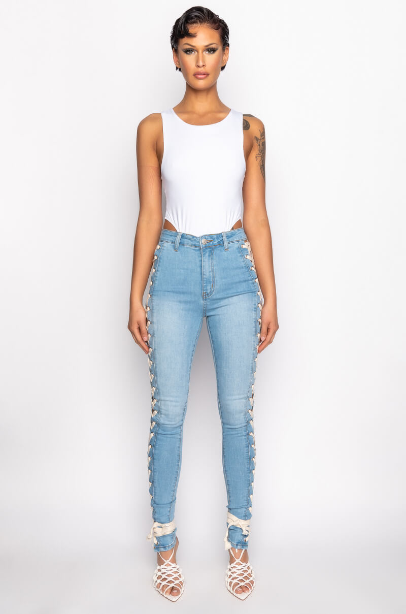 ROCK THE RUNWAY LACE UP SKINNY JEANS